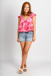 Embroidered ruffle top pink - Stylish top - Trendy Staycation Outfits at Lush Fashion Lounge Boutique in Oklahoma City