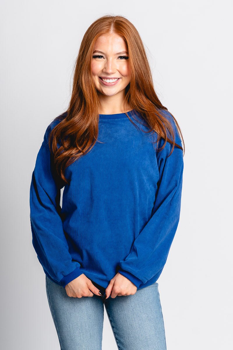 Corded sweatshirt royal blue - Trendy Oklahoma City Basketball T-Shirts Lush Fashion Lounge Boutique in Oklahoma City