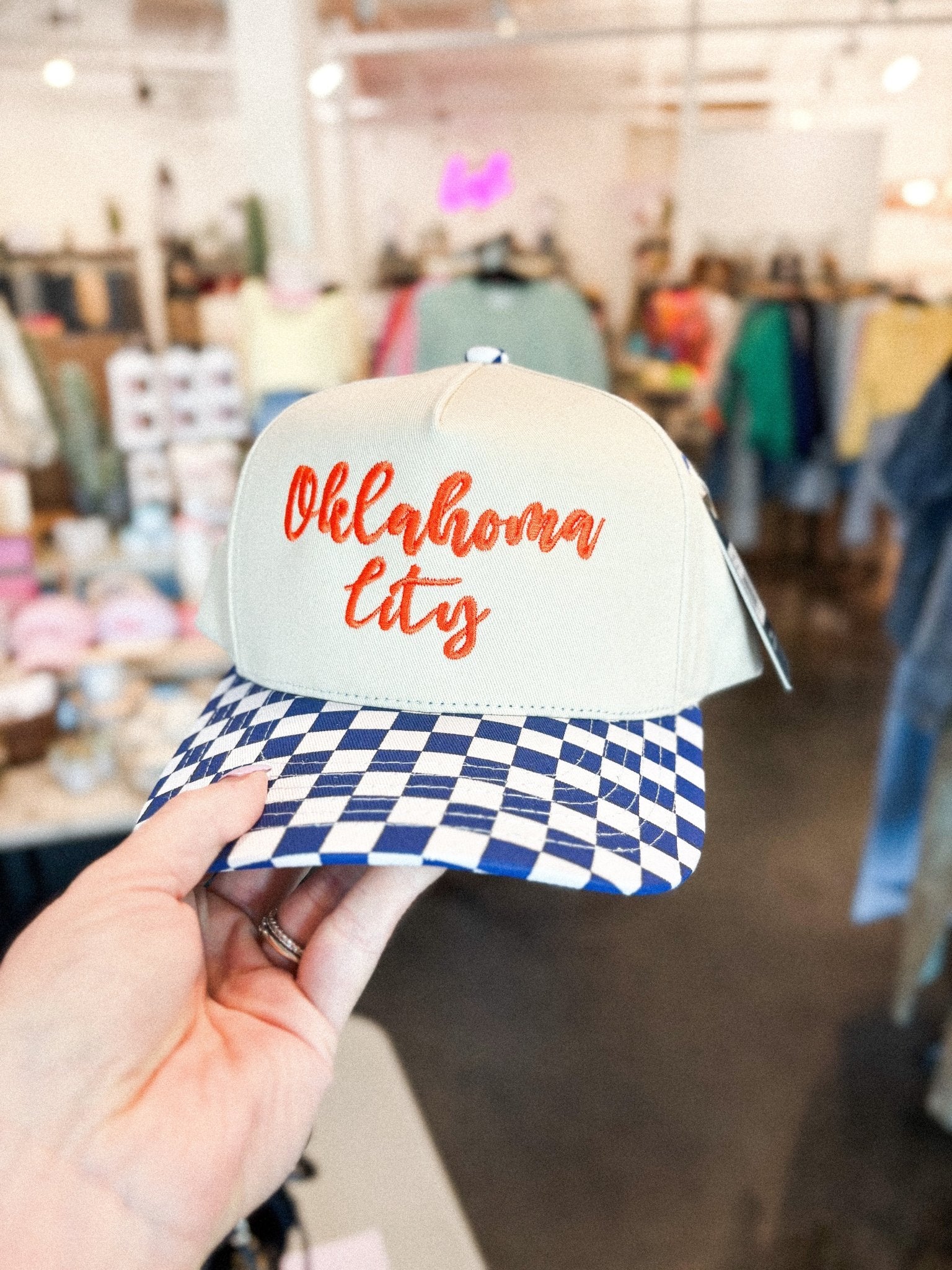 Oklahoma City cursive checkered hat blue - Trendy Hats at Lush Fashion Lounge Boutique in Oklahoma City