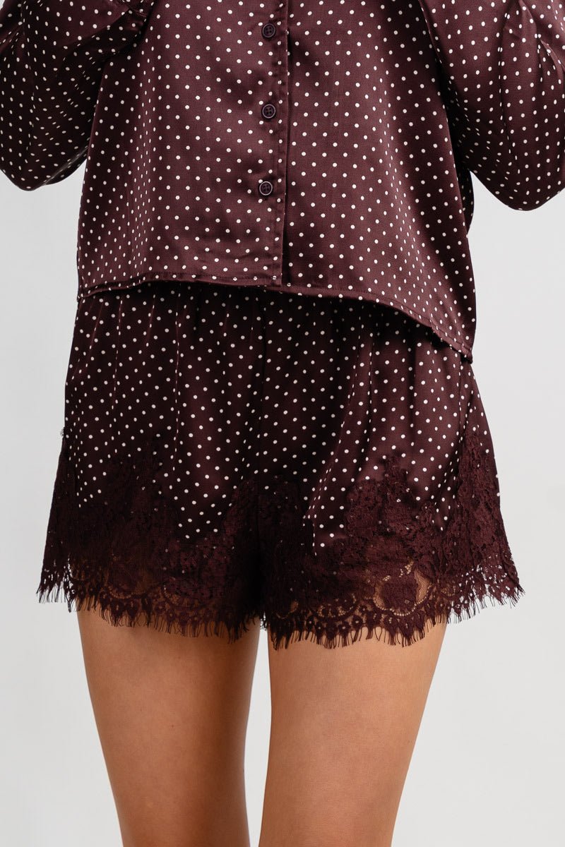 Lace trim polka dot shorts dark brown