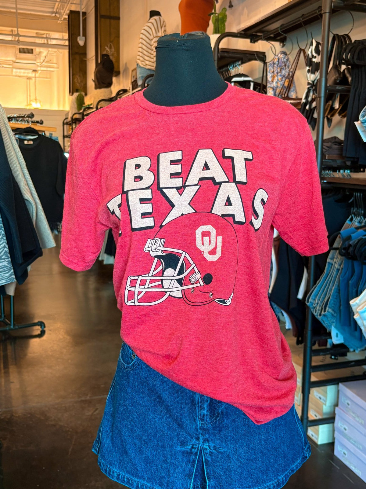 OU OU Beat Texas helmet unisex t-shirt red T-shirt | Lush Fashion Lounge Trendy Oklahoma University Sooners Apparel & Cute Gameday T-Shirts