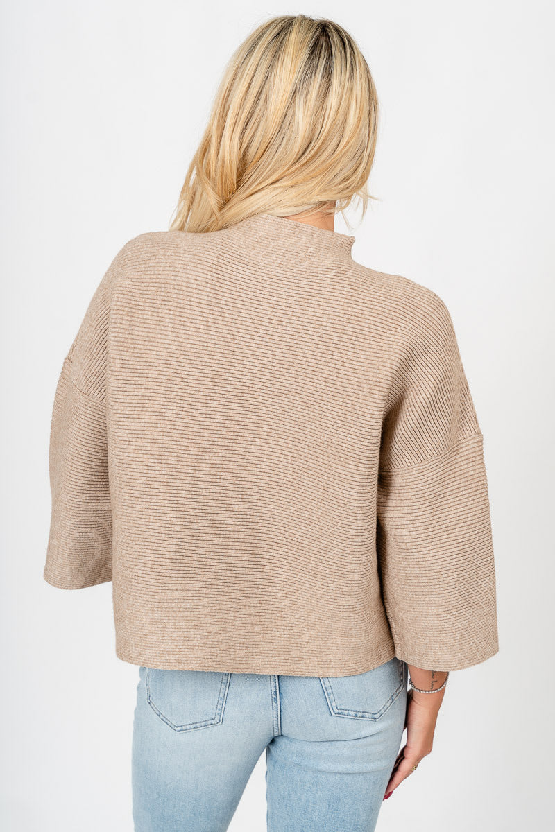 Mock neck ribbed short sleeve sweater oatmeal