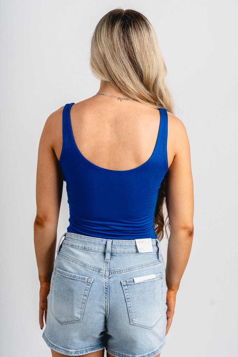 Scoop neck sleeveless bodysuit cobalt - Vintage OKC Basketball T-Shirts at Lush Fashion Lounge Boutique in Oklahoma City