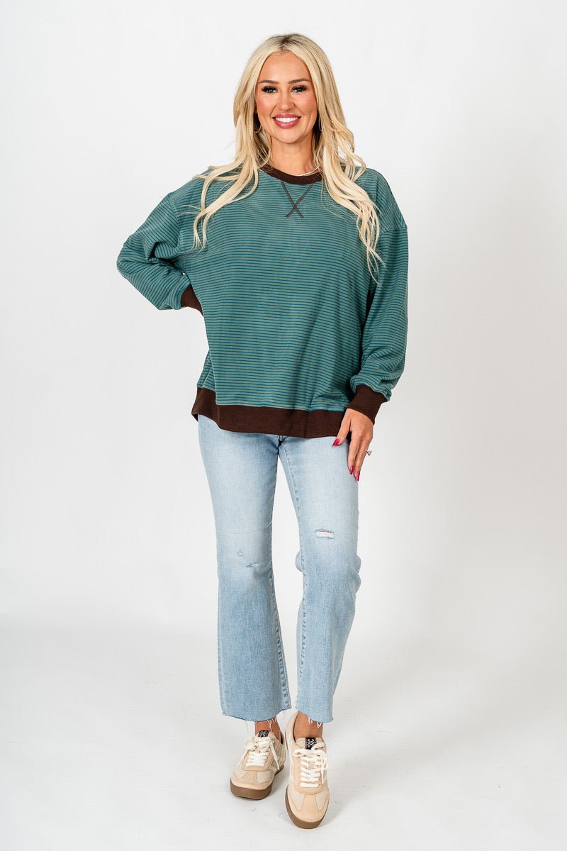 Crew neck striped sweatshirt dark sage/teal