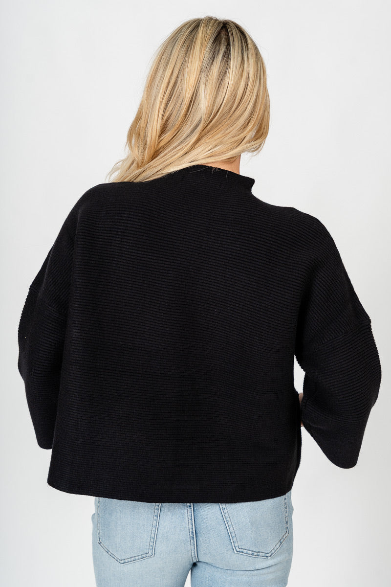 Mock neck ribbed short sleeve sweater black