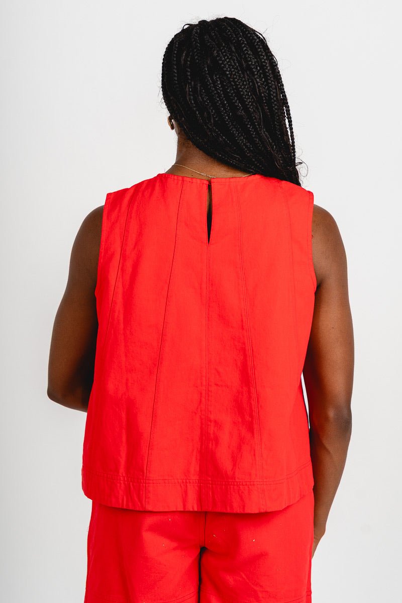 Sleeveless denim flare top red