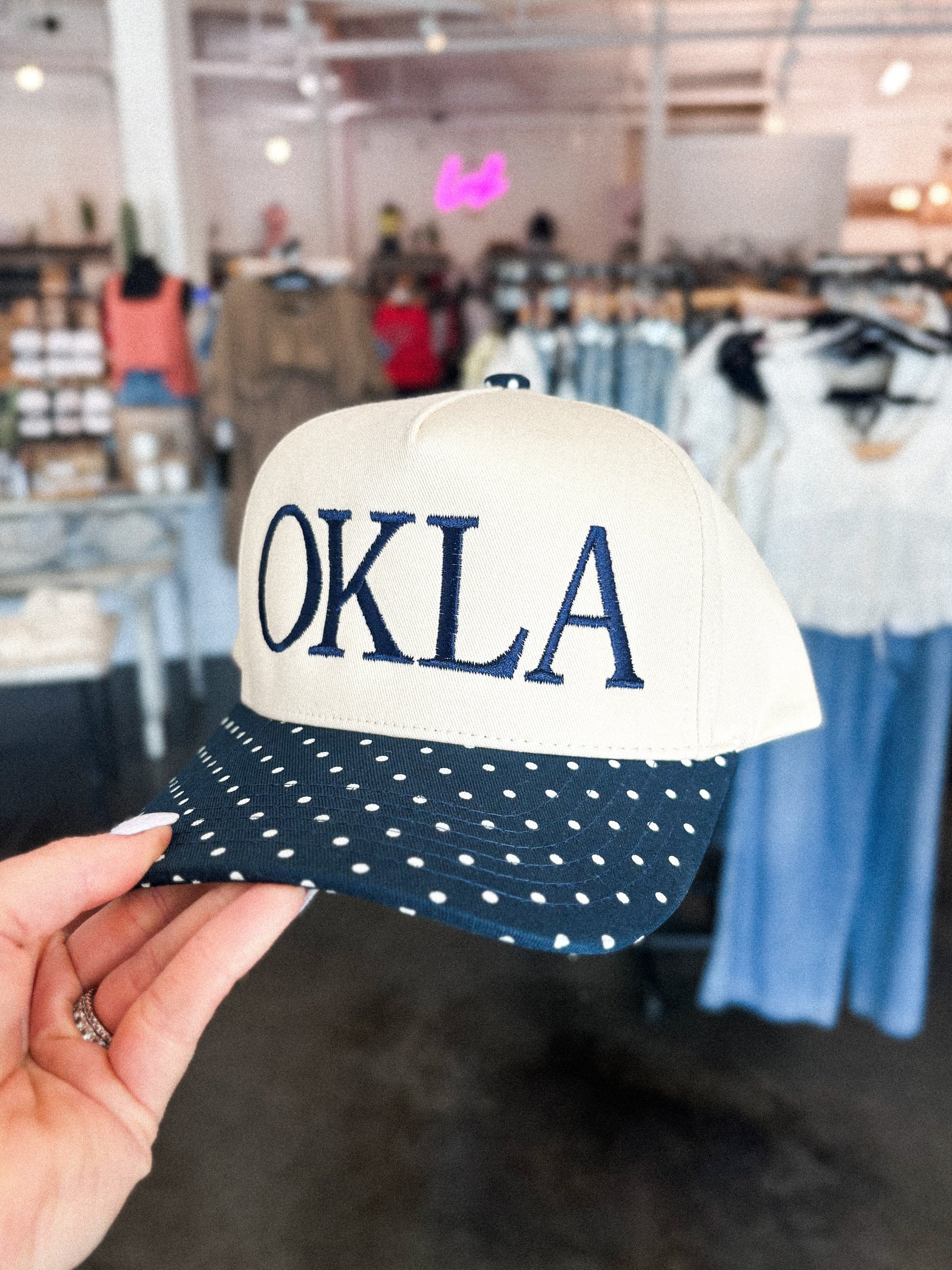 OKLA polka dot hat navy - Trendy OKC Apparel at Lush Fashion Lounge Boutique in Oklahoma City