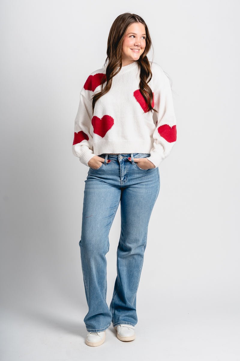 Heart print sweater cream - Trendy Valentine's T-Shirts at Lush Fashion Lounge Boutique in Oklahoma City
