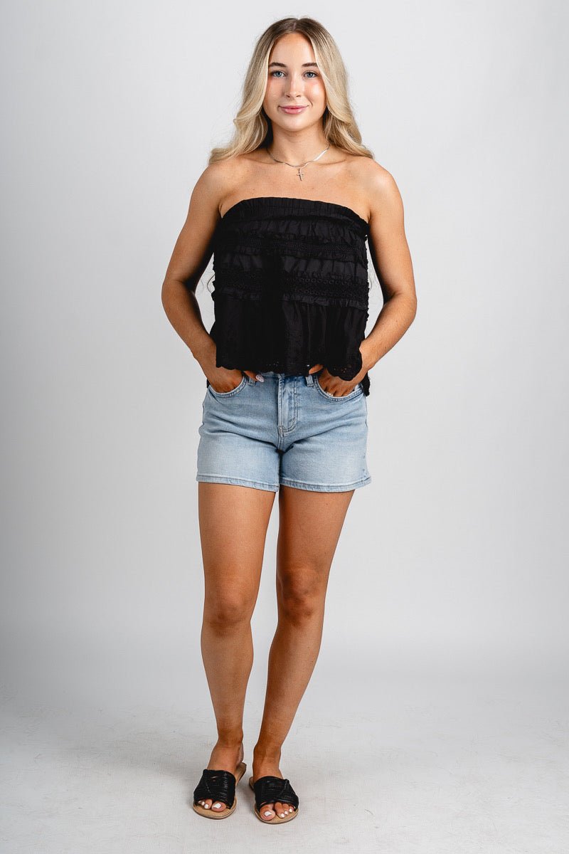 Strapless eyelet lace top black - Stylish top - Trendy Staycation Outfits at Lush Fashion Lounge Boutique in Oklahoma City