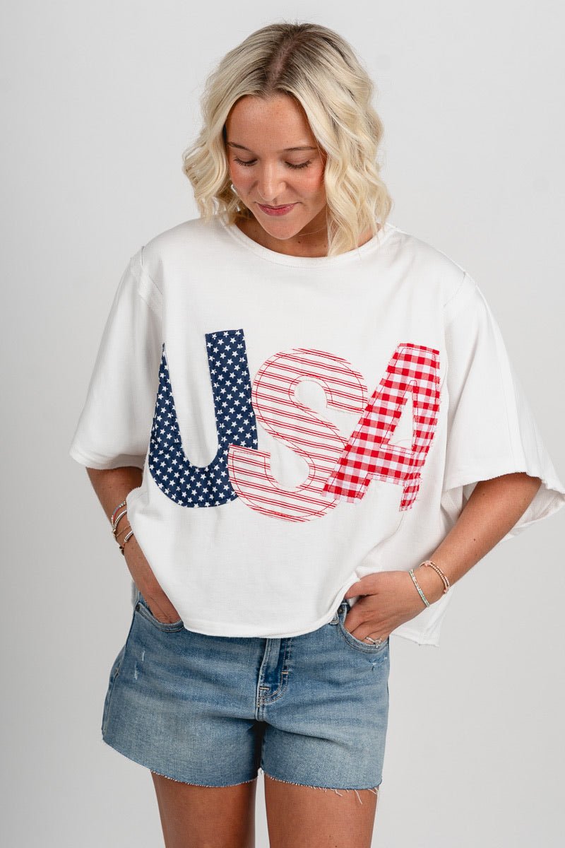 USA patchwork oversized top off white - Trendy top - Cute American Summer Collection at Lush Fashion Lounge Boutique in Oklahoma City