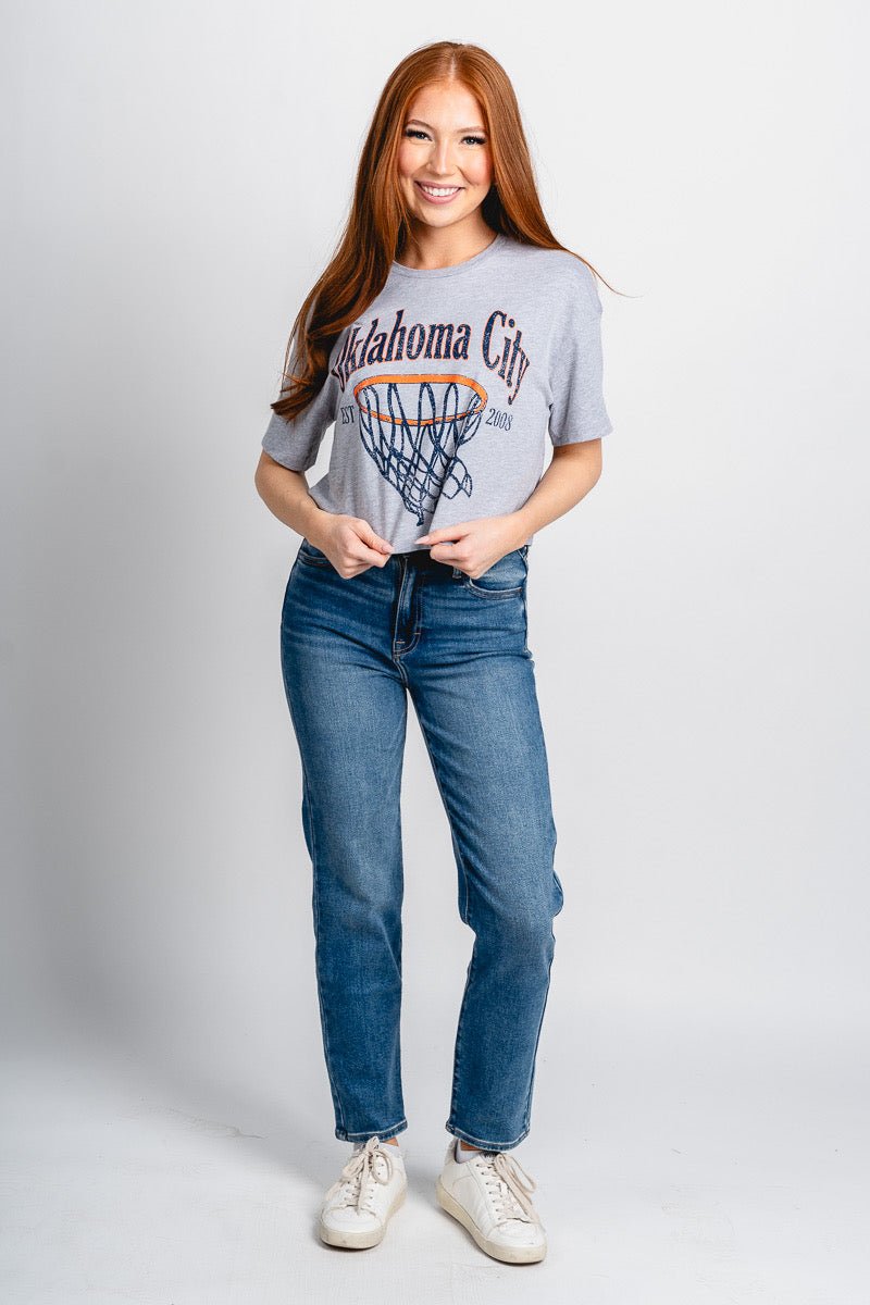 OKC basketball swoosh crop t-shirt grey - Trendy OKC Thunder T-Shirts at Lush Fashion Lounge Boutique in Oklahoma City
