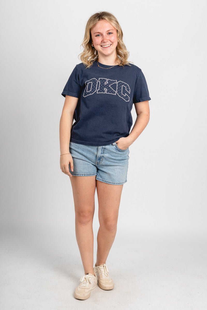 OKC block polka dot Ellie t-shirt navy - Trendy OKC Thunder T-Shirts at Lush Fashion Lounge Boutique in Oklahoma City