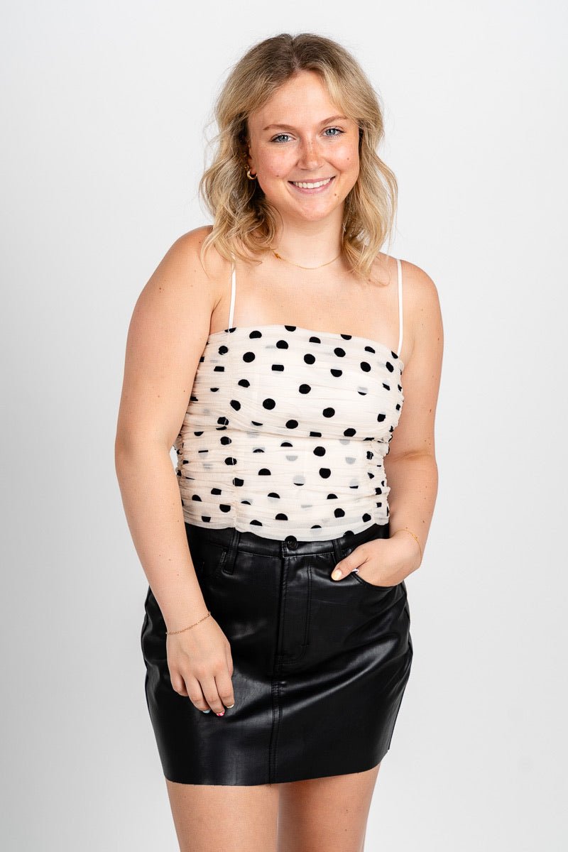 Ruched spaghetti strap top cream/black