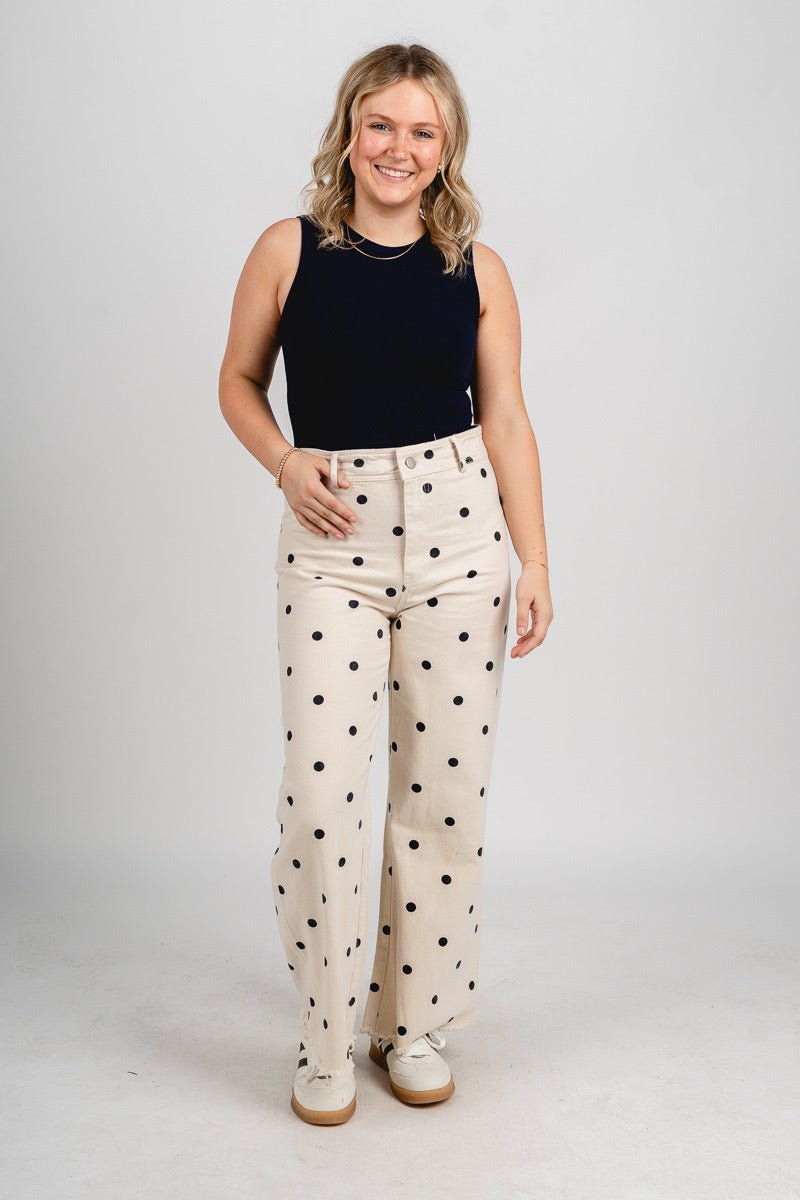 Polka dot jeans oatmeal/navy | Lush Fashion Lounge: boutique women's jeans, fashion jeans for women, affordable fashion jeans, cute boutique jeans