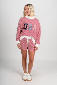 USA patchwork mock neck striped sweatshirt red/white - Stylish sweatshirt - Trendy American Summer Fashion at Lush Fashion Lounge Boutique in Oklahoma