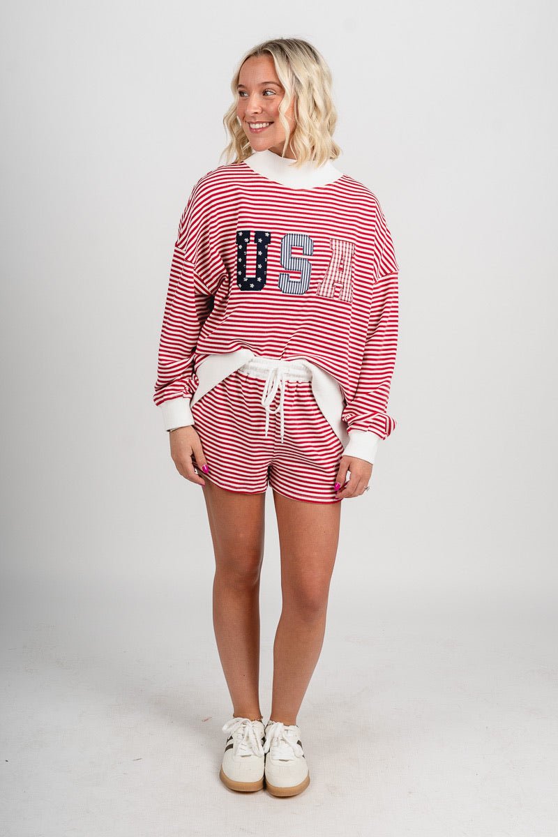 USA patchwork mock neck striped sweatshirt red/white - Stylish sweatshirt - Trendy American Summer Fashion at Lush Fashion Lounge Boutique in Oklahoma