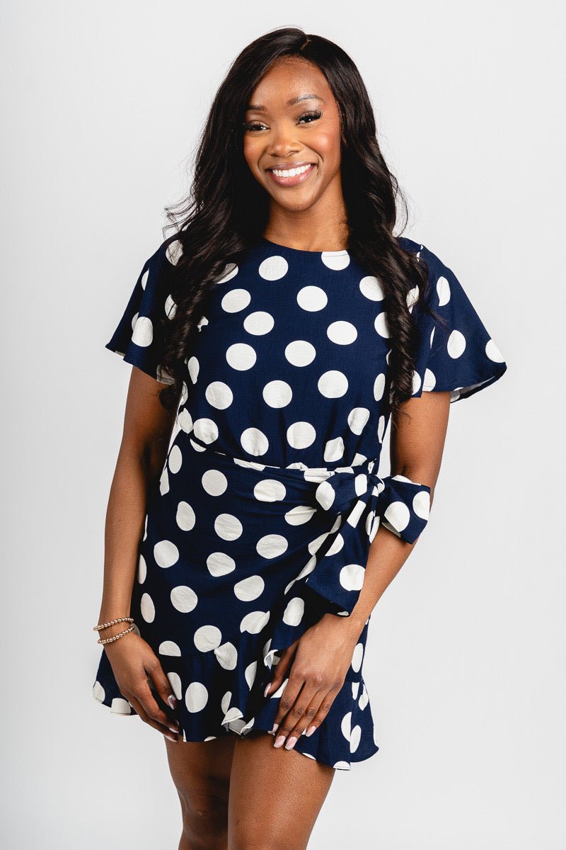 Polka dot wrap mini dress navy/white - Cute Dress - Trendy Dresses at Lush Fashion Lounge Boutique in Oklahoma City