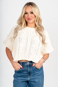 Cable knit short sleeve sweater cream – Boutique Sweaters | Fashionable Sweaters at Lush Fashion Lounge Boutique in Oklahoma City