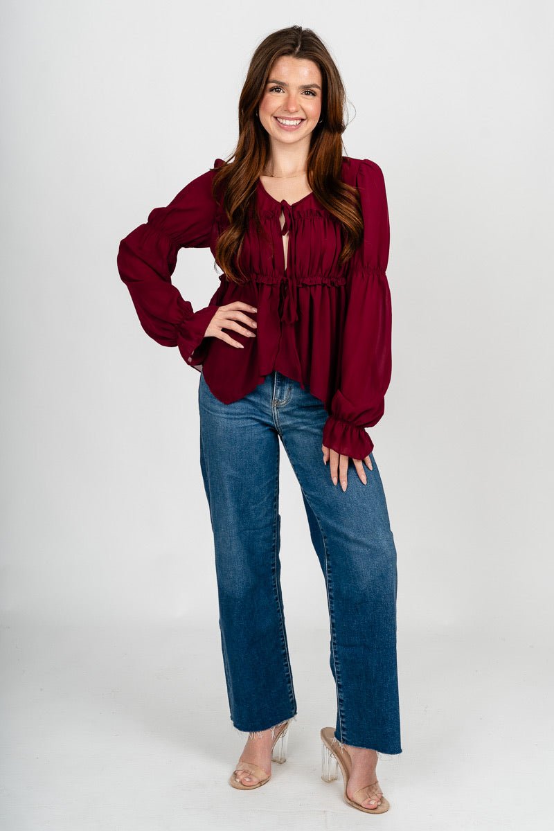 Ribbon front chiffon blouse maroon