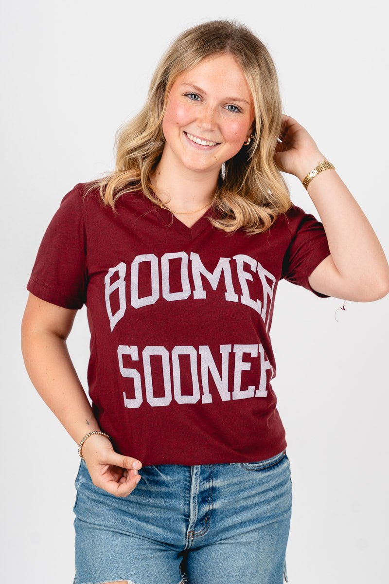 OU OU Sooners boomer sooner simple v-neck t-shirt crimson T-shirt | Lush Fashion Lounge Trendy Oklahoma University Sooners Apparel & Cute Gameday T-Shirts