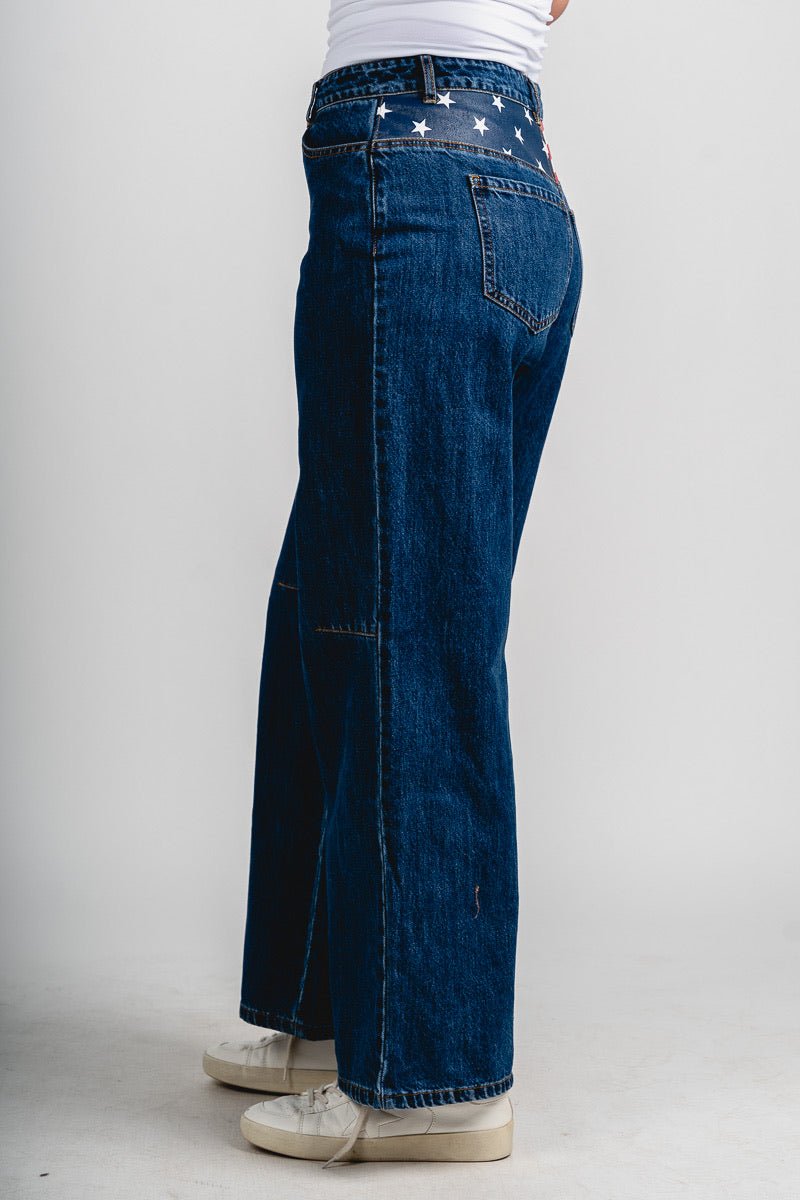 Low rise American flag jeans dark denim | Lush Fashion Lounge: boutique women's jeans, fashion jeans for women, affordable fashion jeans, cute boutique jeans