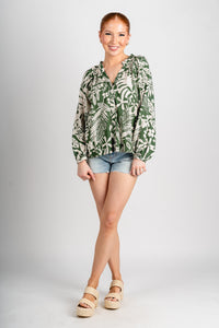 Tropical ruffle neck blouse Ibiza palm - Fun top - Unique Getaway Gear at Lush Fashion Lounge Boutique in Oklahoma