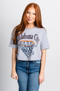 OKC basketball swoosh crop t-shirt grey - Trendy Oklahoma City Basketball T-Shirts Lush Fashion Lounge Boutique in Oklahoma City