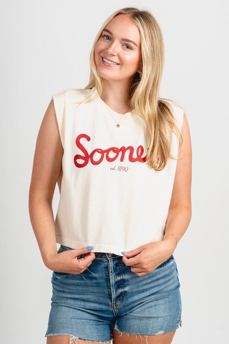 OU OU Sooners bold script muscle tank top off white tank top | Lush Fashion Lounge Trendy Oklahoma University Sooners Apparel & Cute Gameday T-Shirts