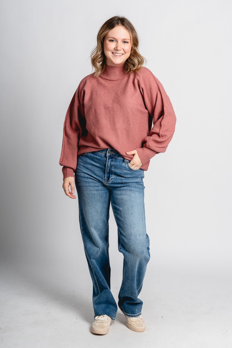 Mock neck balloon sleeve sweater rosewood - Trendy Sweaters | Cute Pullover Sweaters at Lush Fashion Lounge Boutique in Oklahoma City