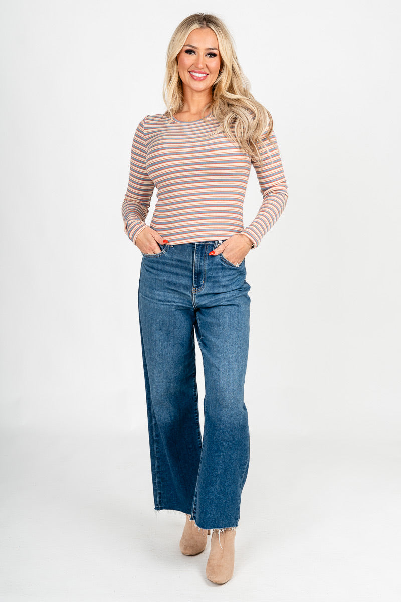 Striped long sleeve top cream/blue