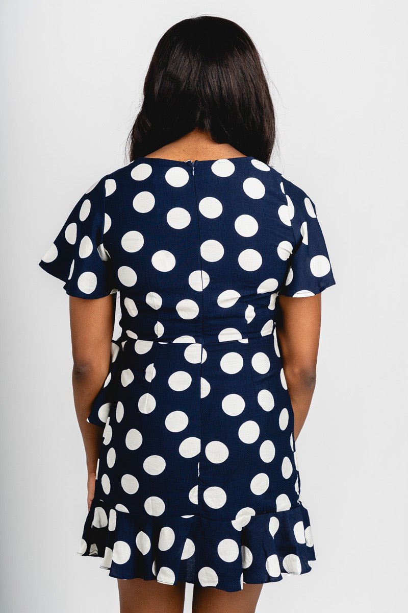 Polka dot wrap mini dress navy/white Stylish Dress - Womens Fashion Dresses at Lush Fashion Lounge Boutique in Oklahoma City