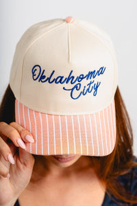 Oklahoma City script pin stripe hat orange pin stripe/cream - Trendy OKC Apparel at Lush Fashion Lounge Boutique in Oklahoma City