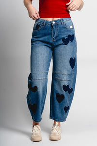 Heart patch barrel jeans blue - Trendy Valentine's T-Shirts at Lush Fashion Lounge Boutique in Oklahoma City