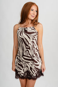 Zebra print satin mini dress brown/ecru - Affordable dress - Boutique Dresses at Lush Fashion Lounge Boutique in Oklahoma City