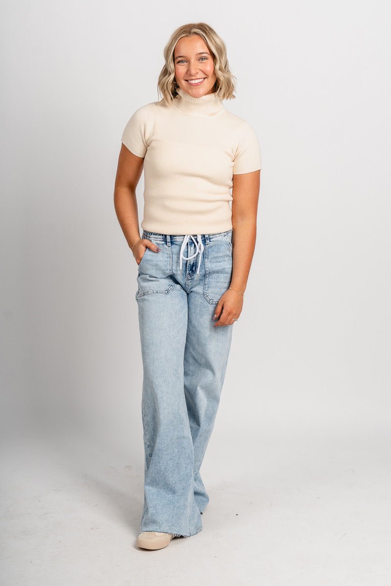 Short sleeve turtleneck sweater cream – Unique Sweaters | Lounging Sweaters and Womens Fashion Sweaters at Lush Fashion Lounge Boutique in Oklahoma City