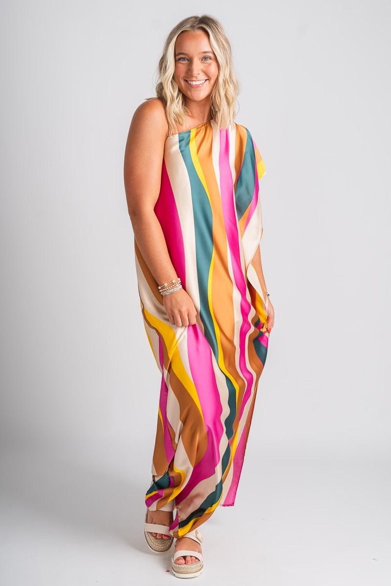 One shoulder sunset maxi dress pink multi - Stylish dress - Trendy Staycation Outfits at Lush Fashion Lounge Boutique in Oklahoma City