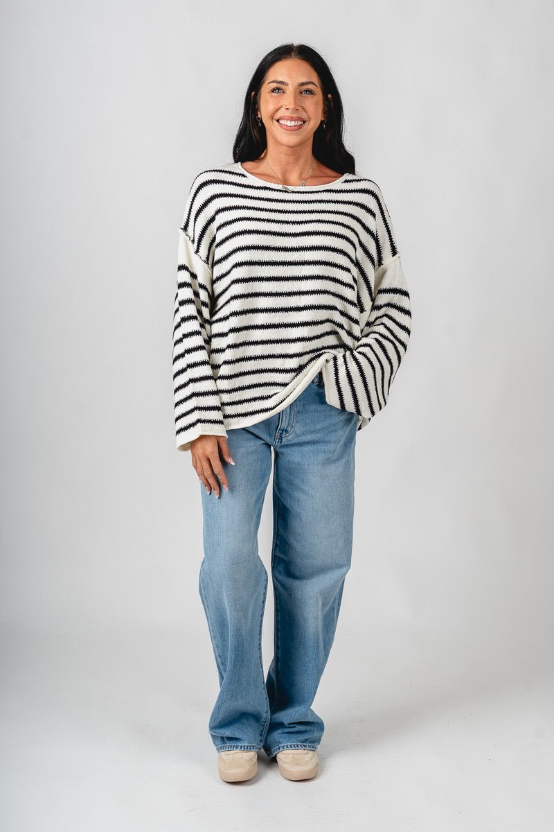 Striped oversized sweater cream/black - Trendy Sweaters | Cute Pullover Sweaters at Lush Fashion Lounge Boutique in Oklahoma City