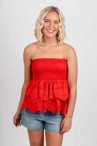 Eyelet lace tube top red - Trendy top - Cute American Summer Collection at Lush Fashion Lounge Boutique in Oklahoma City