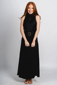 High neck belted satin dress black - Cute dress - Trendy Dresses at Lush Fashion Lounge Boutique in Oklahoma City