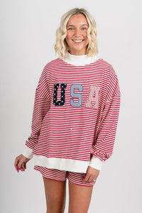 USA patchwork mock neck striped sweatshirt red/white - Trendy sweatshirt - Cute American Summer Collection at Lush Fashion Lounge Boutique in Oklahoma City