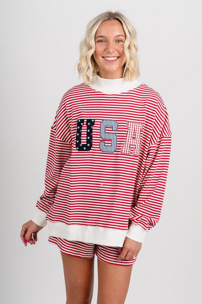 USA patchwork mock neck striped sweatshirt red/white - Trendy sweatshirt - Cute American Summer Collection at Lush Fashion Lounge Boutique in Oklahoma City