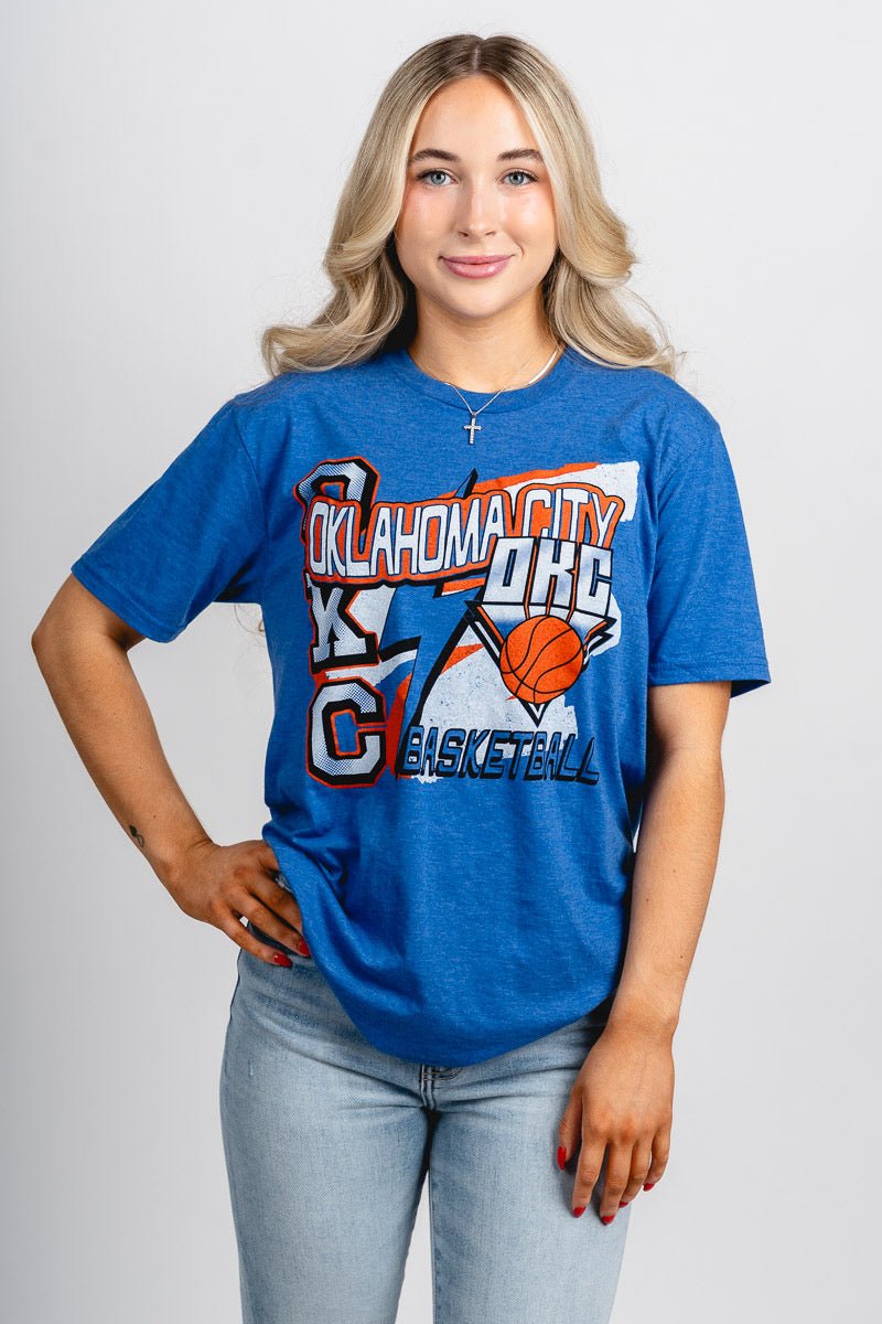 OKC basketball retro collage t-shirt royal - Trendy OKC Apparel at Lush Fashion Lounge Boutique in Oklahoma City