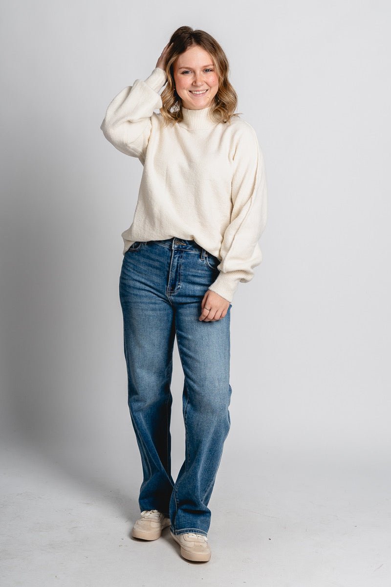 Mock neck balloon sleeve sweater almond milk - Trendy Sweaters | Cute Pullover Sweaters at Lush Fashion Lounge Boutique in Oklahoma City