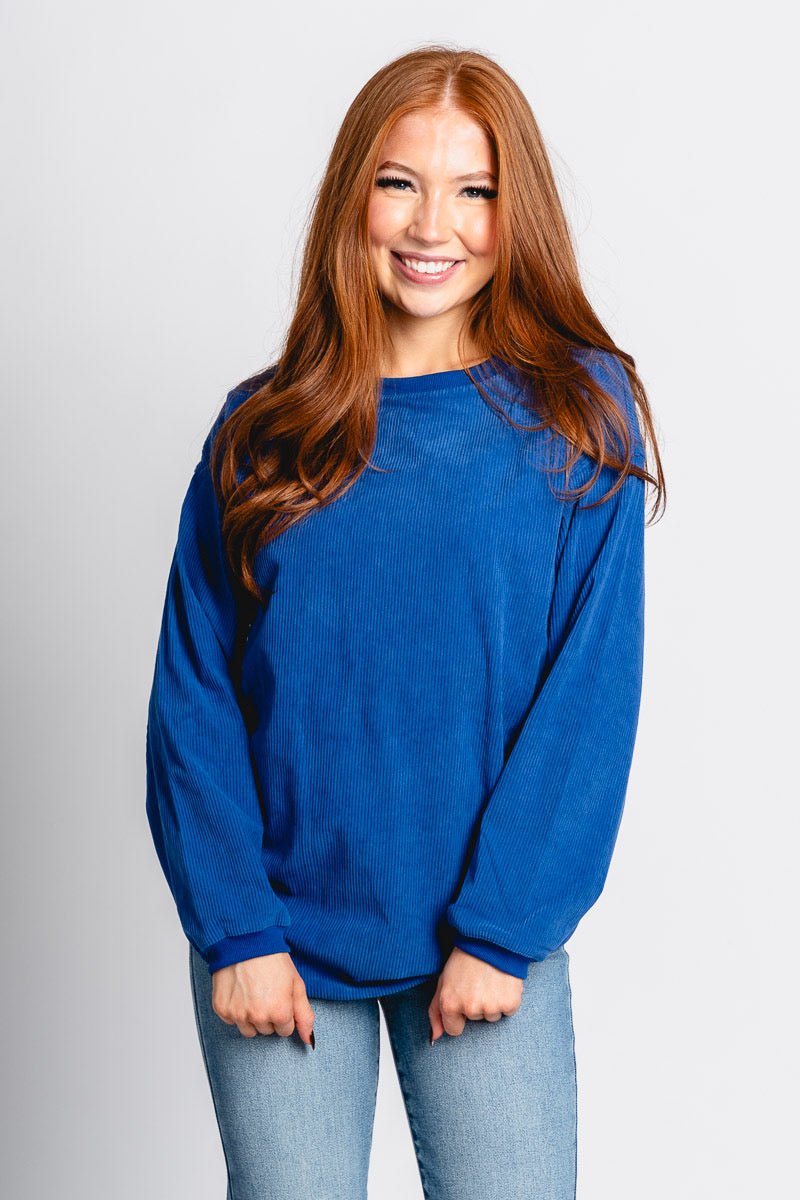 Corded sweatshirt royal blue - Trendy OKC Apparel at Lush Fashion Lounge Boutique in Oklahoma City