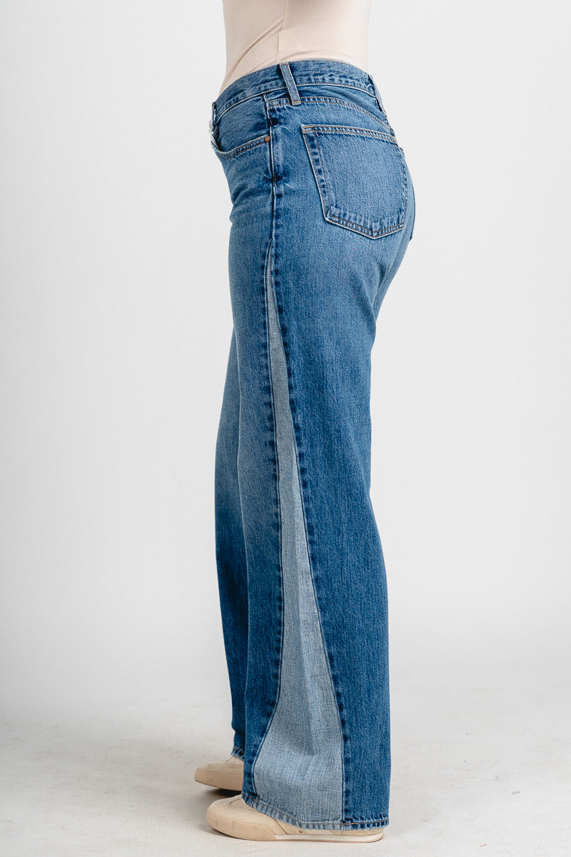 High rise contrast seam barrel jeans medium denim