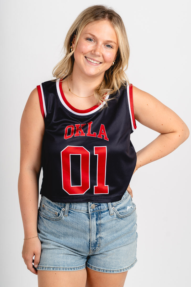 OU OU OKLA cropped basketball jersey black tank top | Lush Fashion Lounge Trendy Oklahoma University Sooners Apparel & Cute Gameday T-Shirts