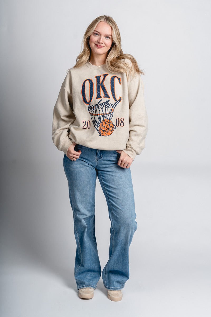 OKC big basketball thrifted sweatshirt natural - Oklahoma City inspired graphic t-shirts at Lush Fashion Lounge Boutique in Oklahoma City