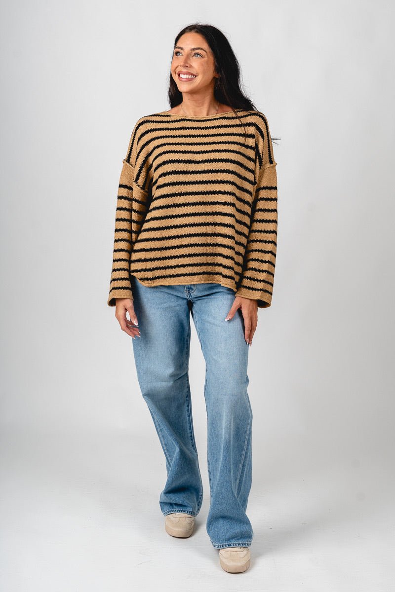Striped oversized sweater sand/black – Stylish Sweaters | Boutique Sweaters at Lush Fashion Lounge Boutique in Oklahoma City