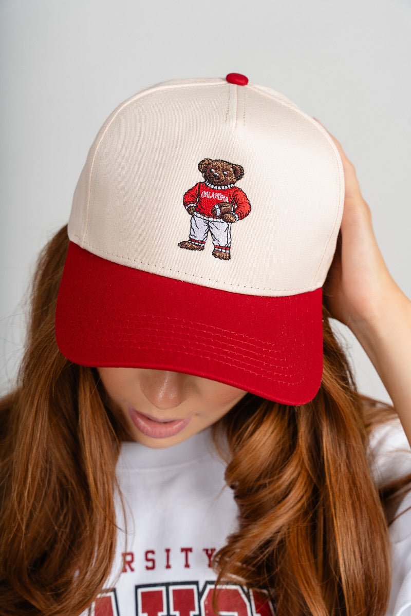 OU Oklahoma Sooners teddy bear two tone hat red/natural - Trendy Hats at Lush Fashion Lounge Boutique in Oklahoma City