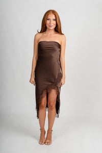 Strapless lace trim midi dress dark chocolate - Affordable dress - Boutique Dresses at Lush Fashion Lounge Boutique in Oklahoma City